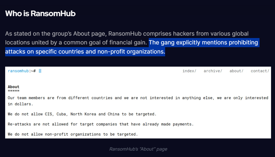 RansomHub's "About" page from their TOR site showing the text: "We do not allow CIS, Cuba, North Korea and China to be targeted." Also: "We do not allow non-profit organizations to be targeted." And: "Re-attacks are not allowed for target companies that have already made payments."